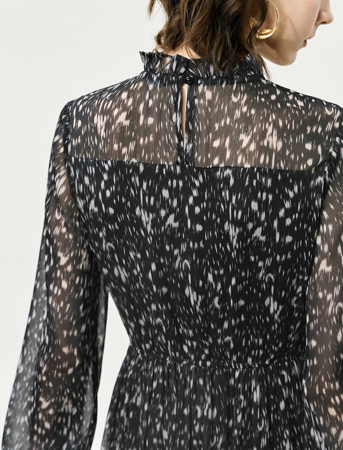 Black Speckled Print Ruffle Neck Long Sleeve Tiered Midi Dress