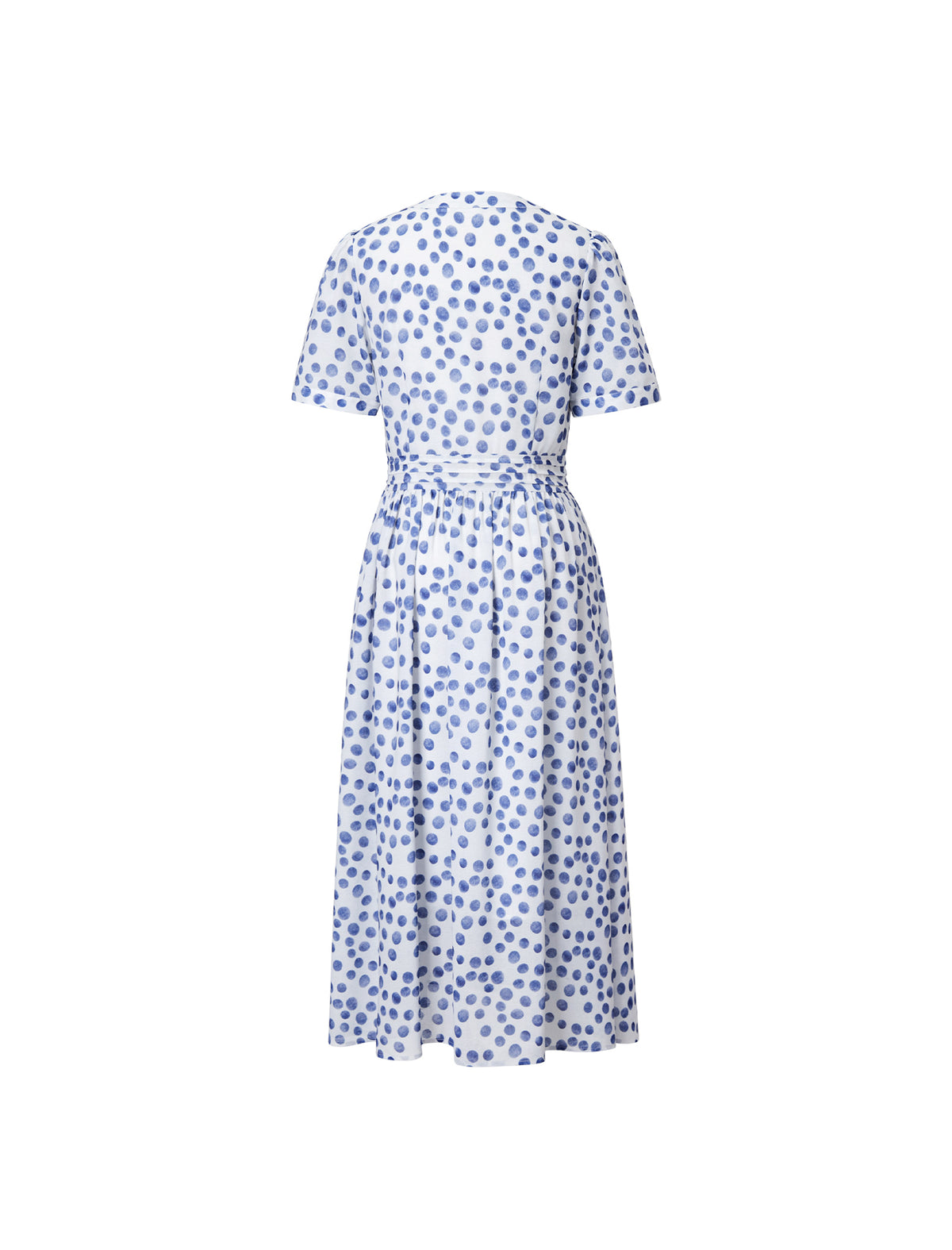Blue Polka-Dot Short Sleeve Gathered-Waist Dress
