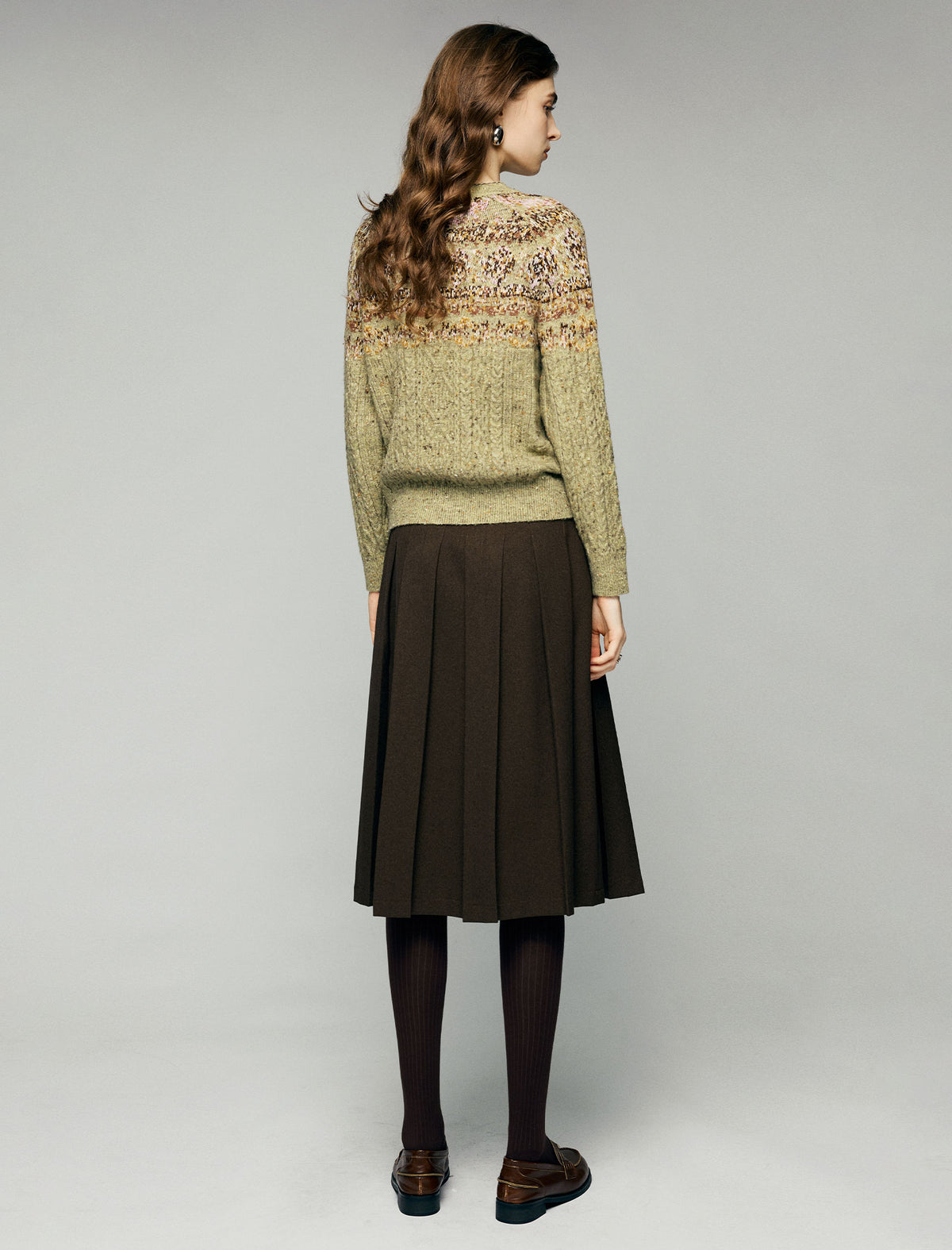 Wool Blend Fair Isle Cable-Knit Crewneck Button-Front Cardigan