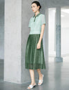 Two-Tone Green Lace Polo Collar Pleated Midi Dress