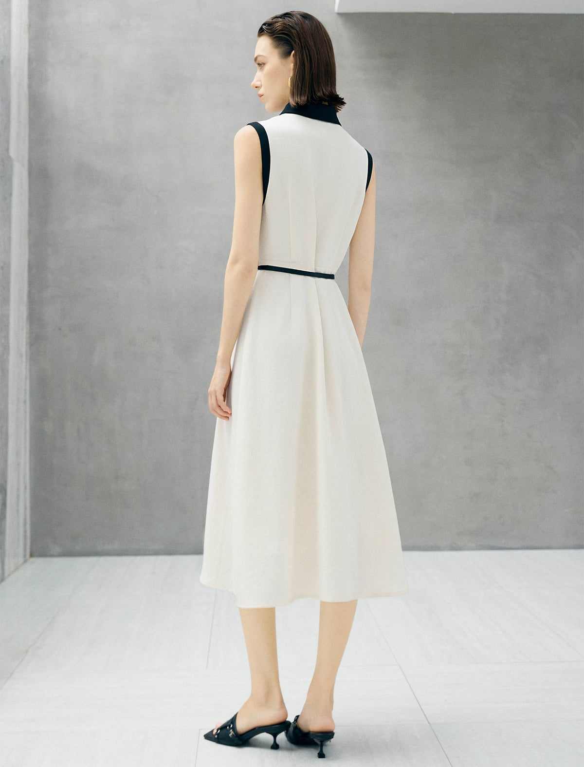 Contrast Collar Belted Midi Shirt Dress