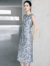 Ink-Wash Floral Sleeveless Midi Dress