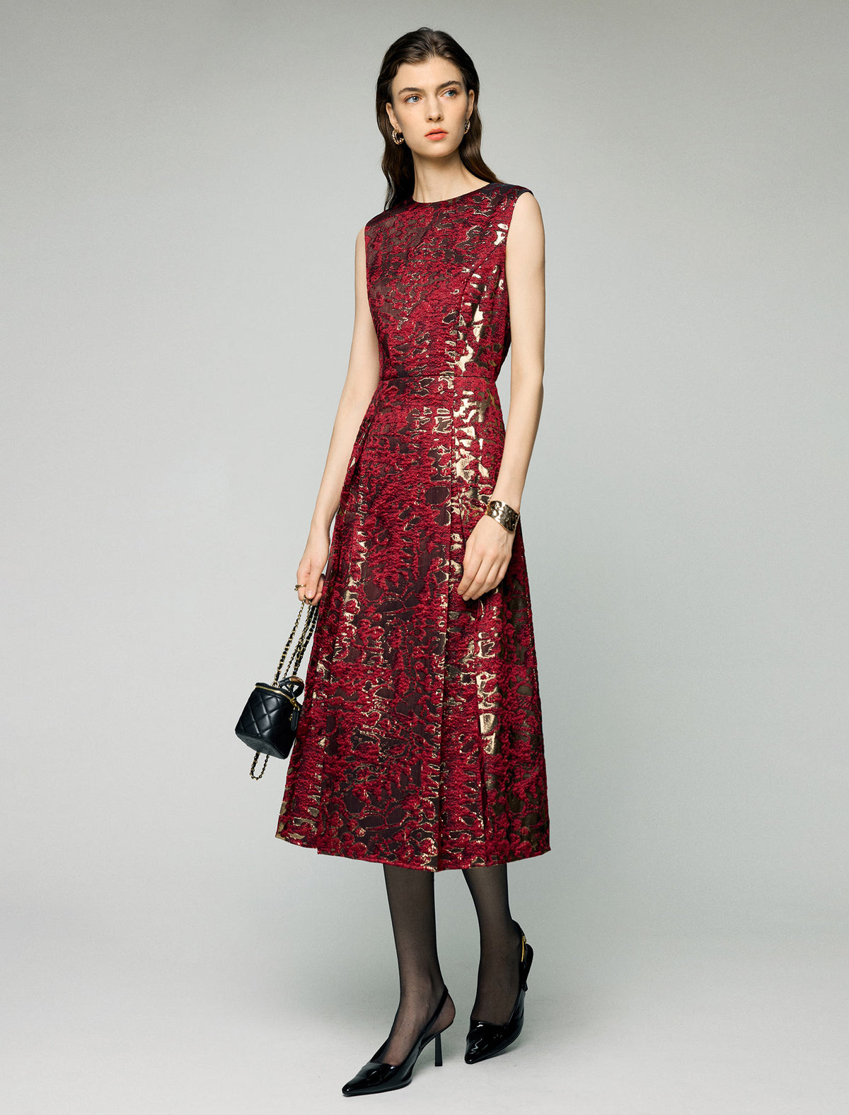 Jacquard Crewneck Sleeveless A-Line Midi Dress