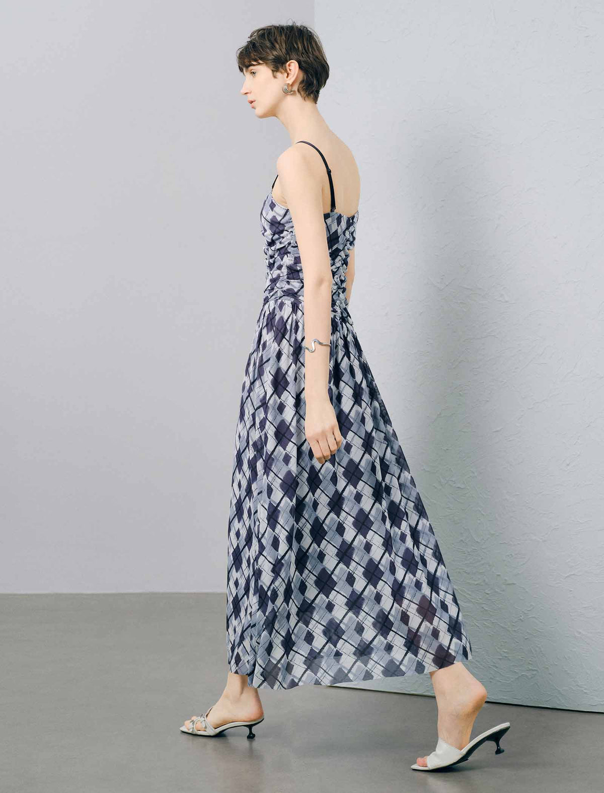 Blue Checked Spaghetti Strap Maxi Dress