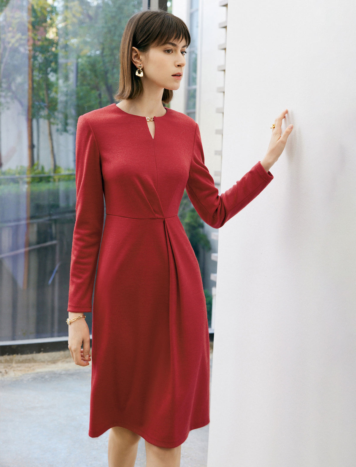 Wool Blend Keyhole Neck Fitted Waist Midi Dress