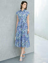 Blue Floral Print Belted Shirt Midi Dress