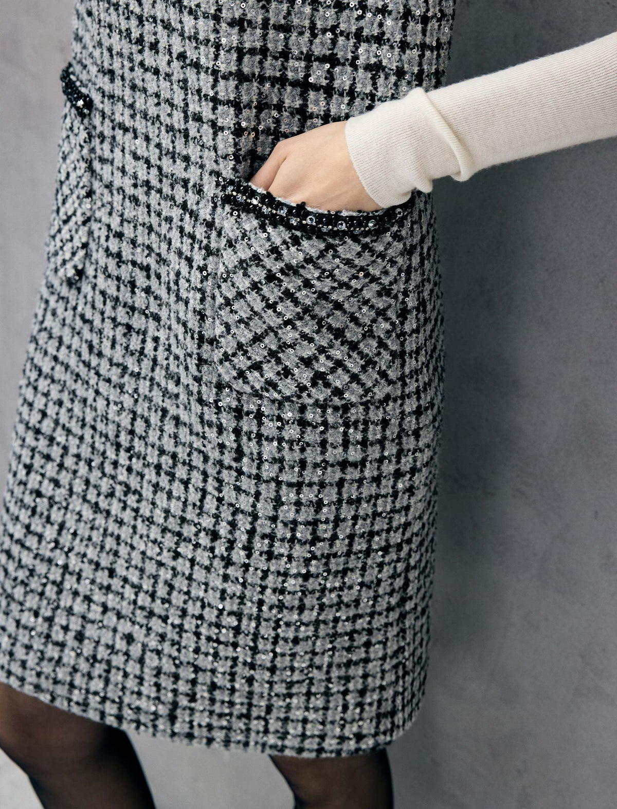 Wool Blend Braided-Trim Crewneck Pocket Sleeveless Dress