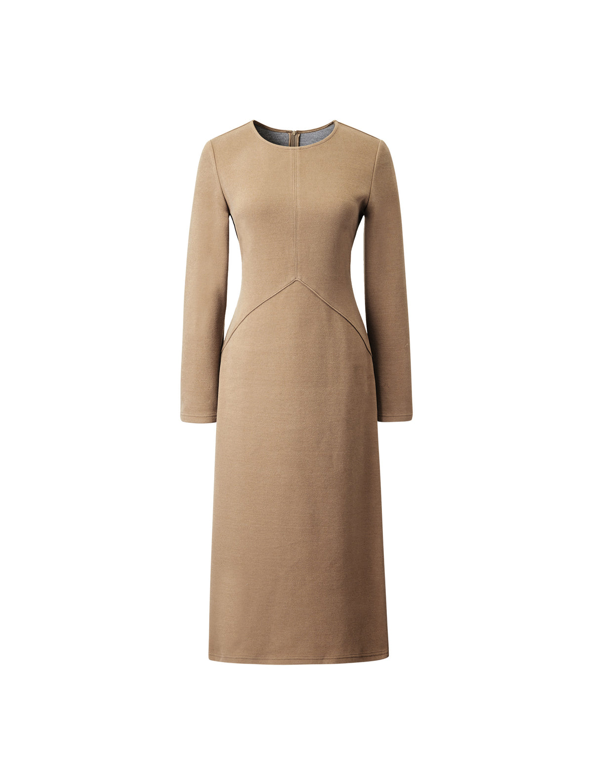 Wool Blend Camel Structured Seamed Midi Dress