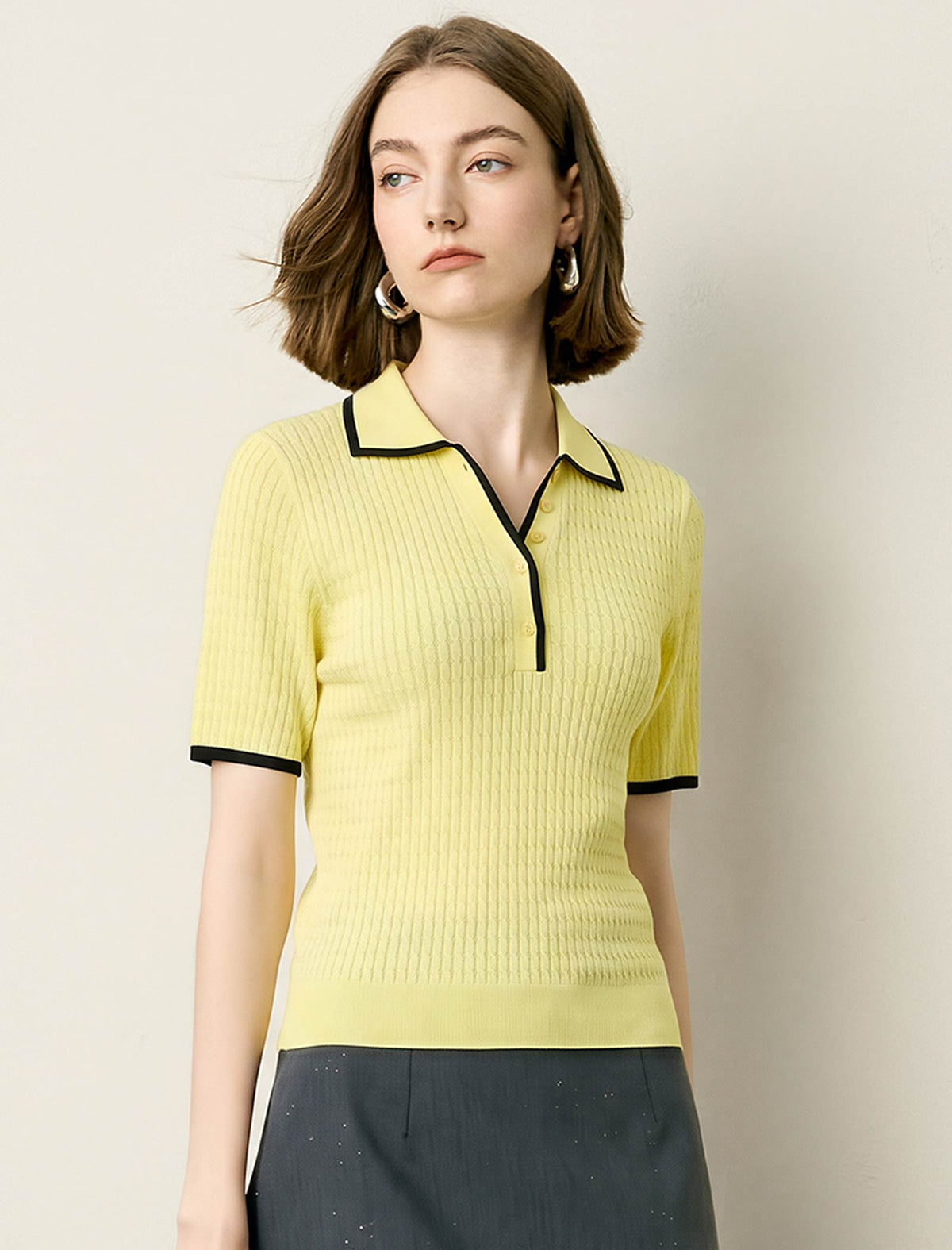 Contrast Trim Textured Knit Polo Short Sleeve Top