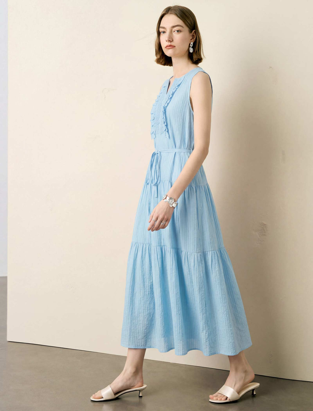 Light Blue Ruffle Lace Tiered Maxi Dress