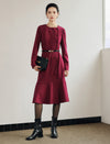Red Long-Sleeve Button-Detail Flounce-Hem Midi Dress