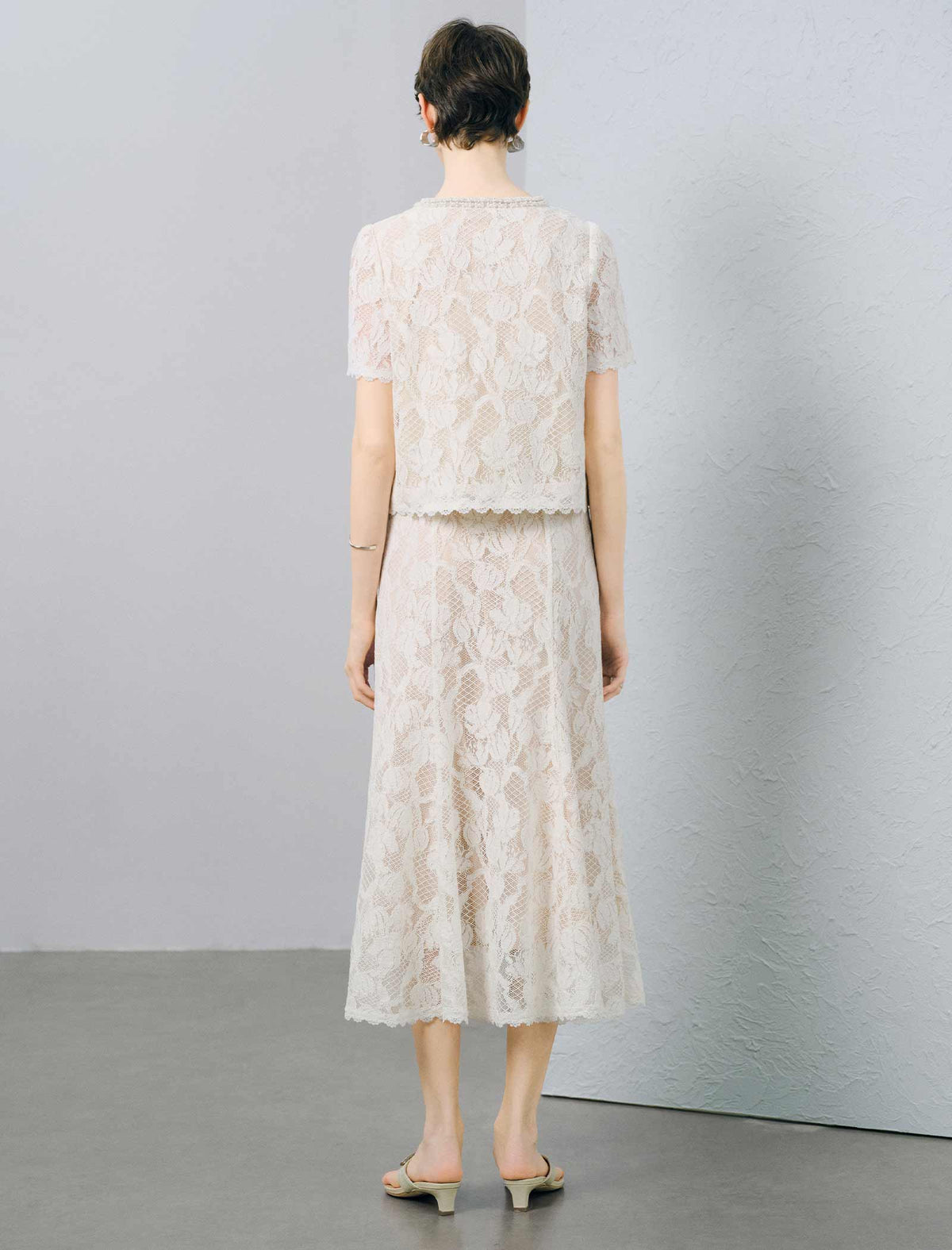 Ivory Floral Lace Midi A-Line Skirt