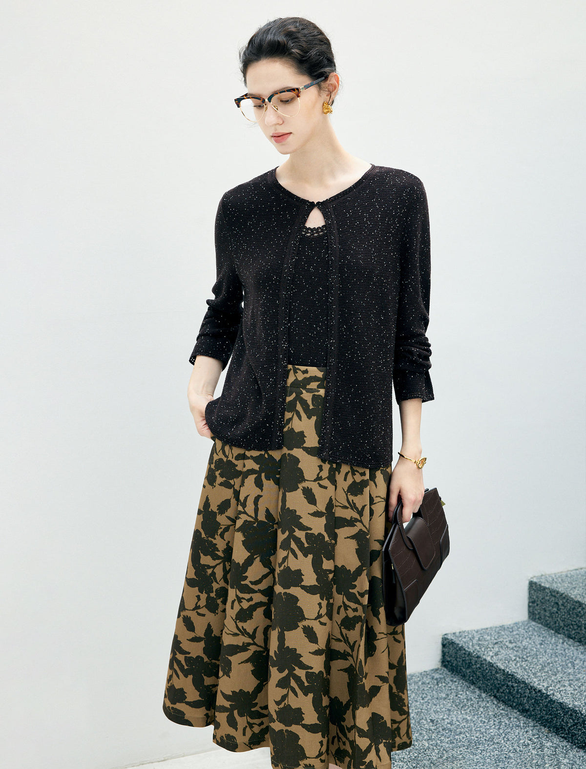 High‑Waist Floral Print A‑Line Midi Skirt