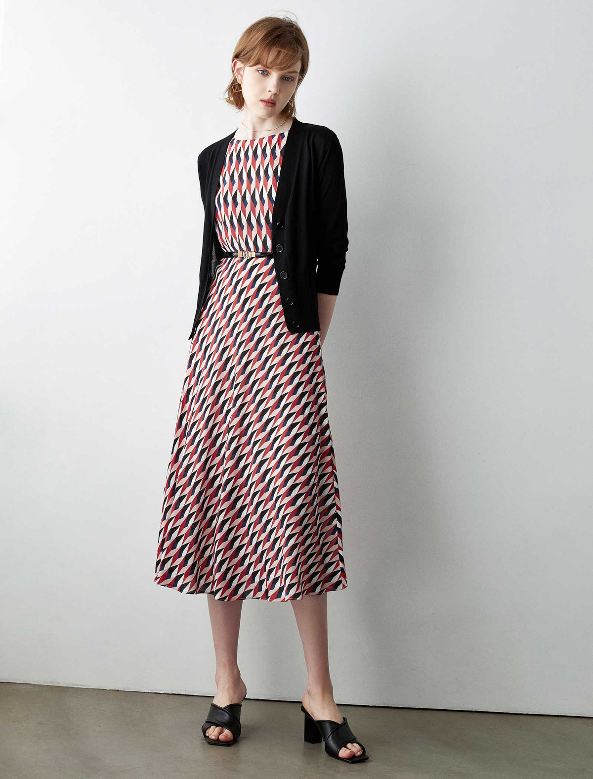 100% Silk Geometric Print Sleeveless Midi Dress