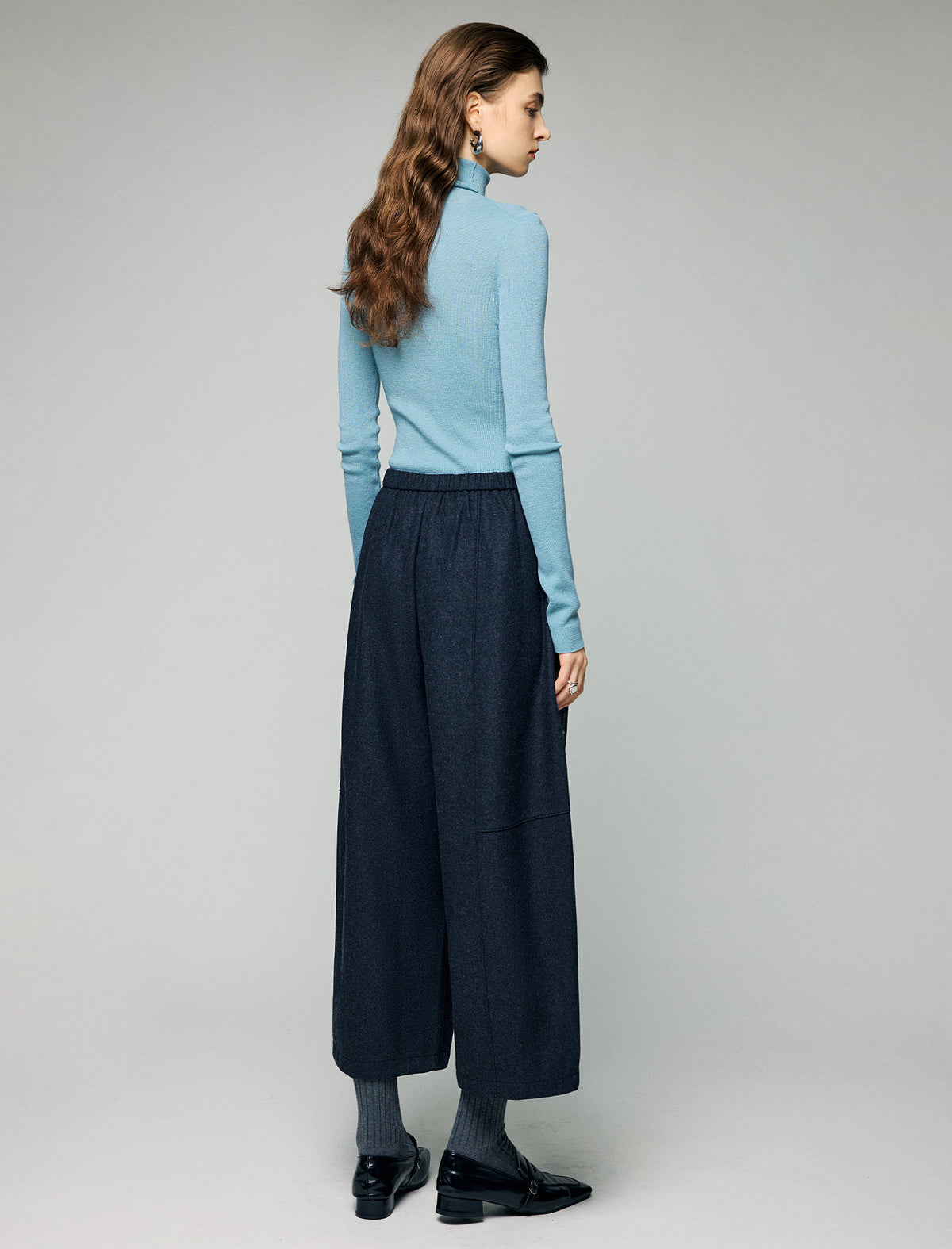 Wool Blend Elastic-Waist Pleated Wide-Leg Culottes