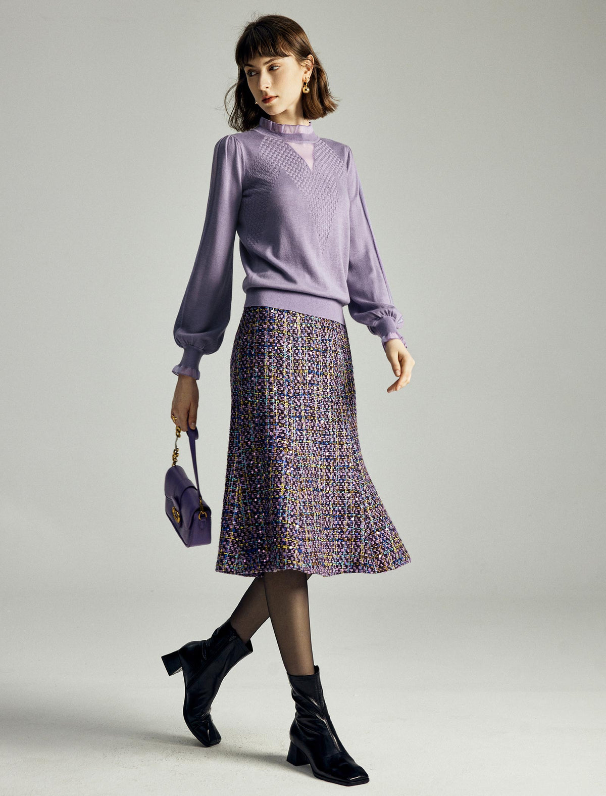 Dark Purple Tweed Fishtail Midi Skirt