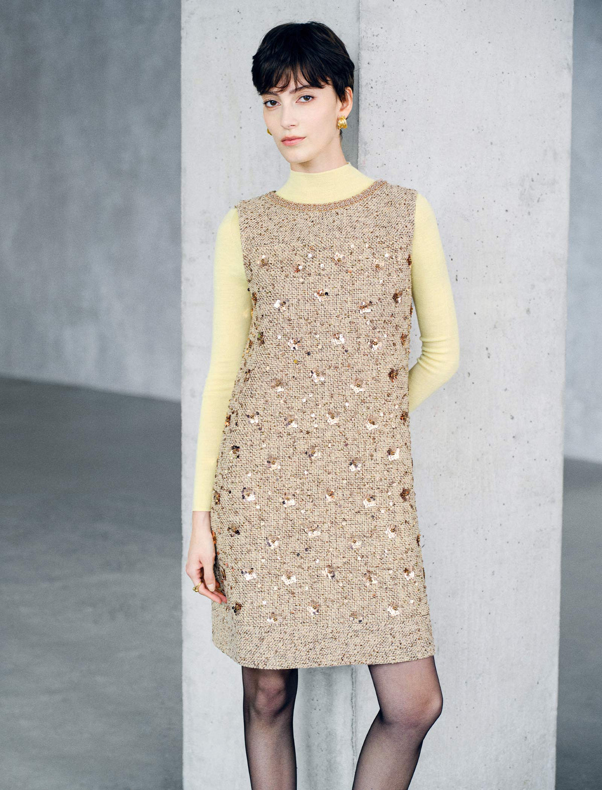 Sequin Textured Beaded Neck Sleeveless Shift Dress