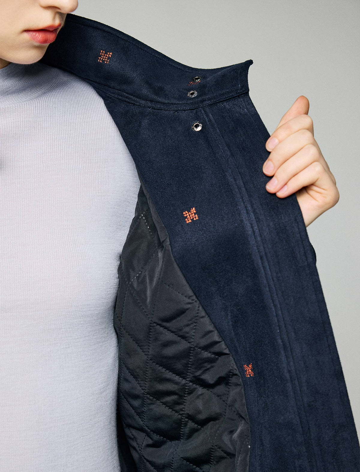 Embroidered Geometric Stand-Collar Zip-Front Jacket