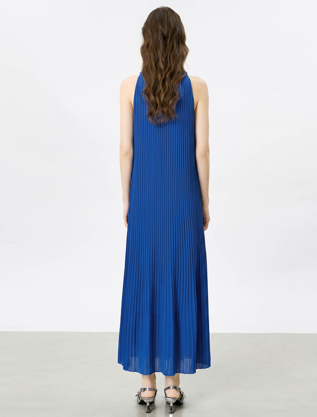 Cobalt Blue Pleated Halter Maxi Dress