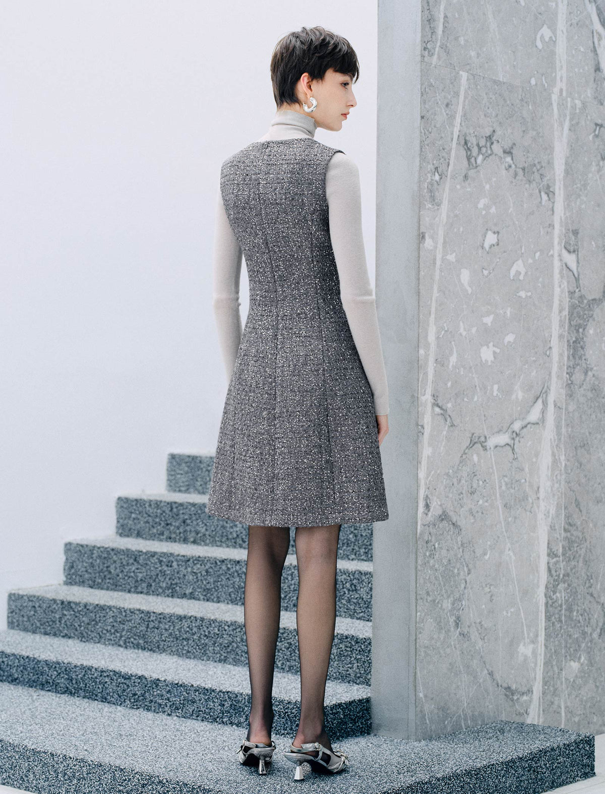 Silver Gray Shimmer Tweed Sleeveless Dress Round Neck Pleated Midi Dress