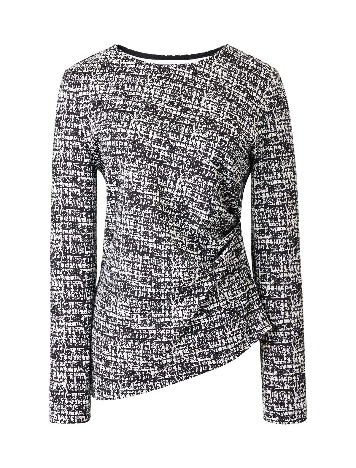 Ink-Print Round Neck Waist-Defining Long-Sleeve Blouse