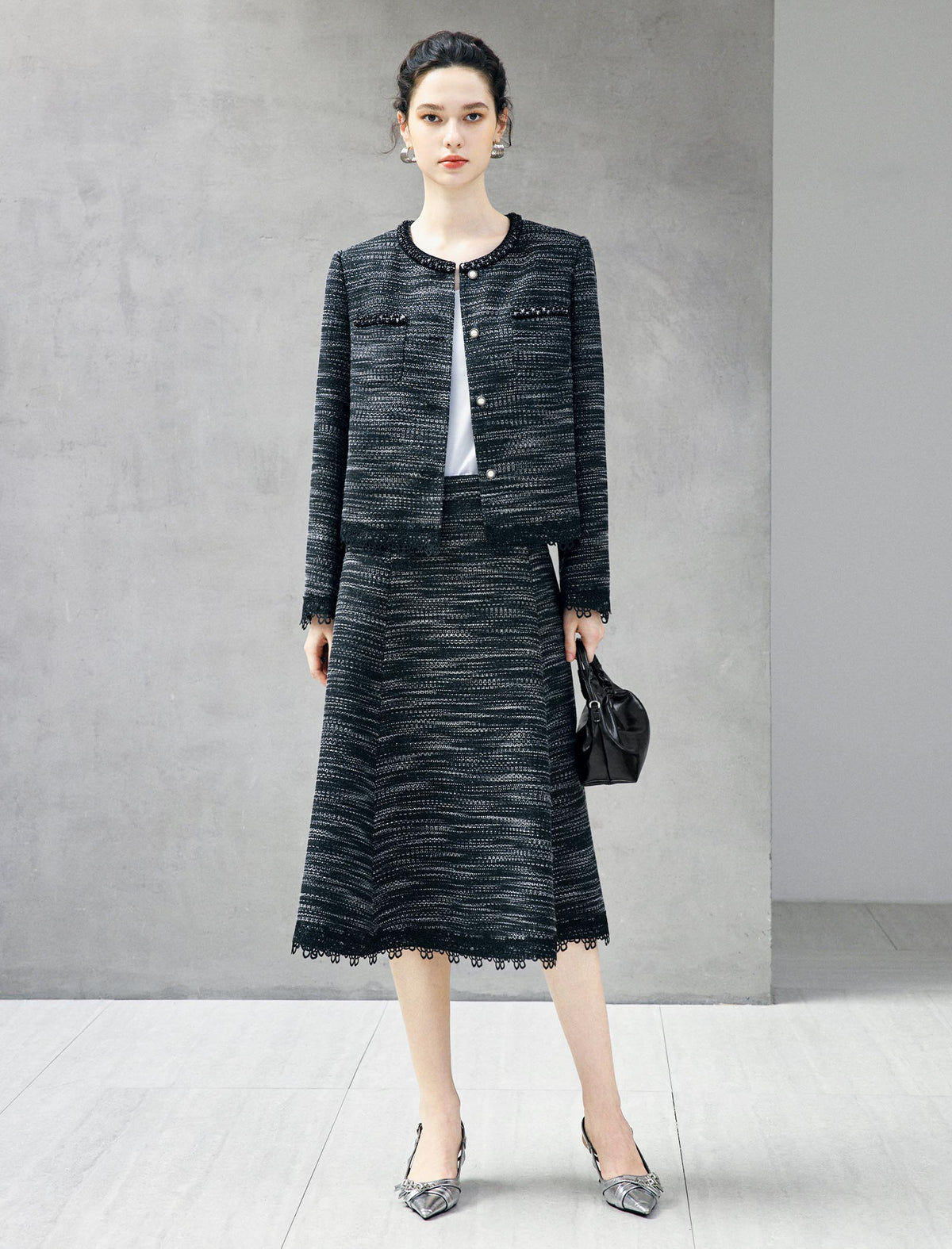 High Waist Lace‑Trim A‑Line Midi Skirt