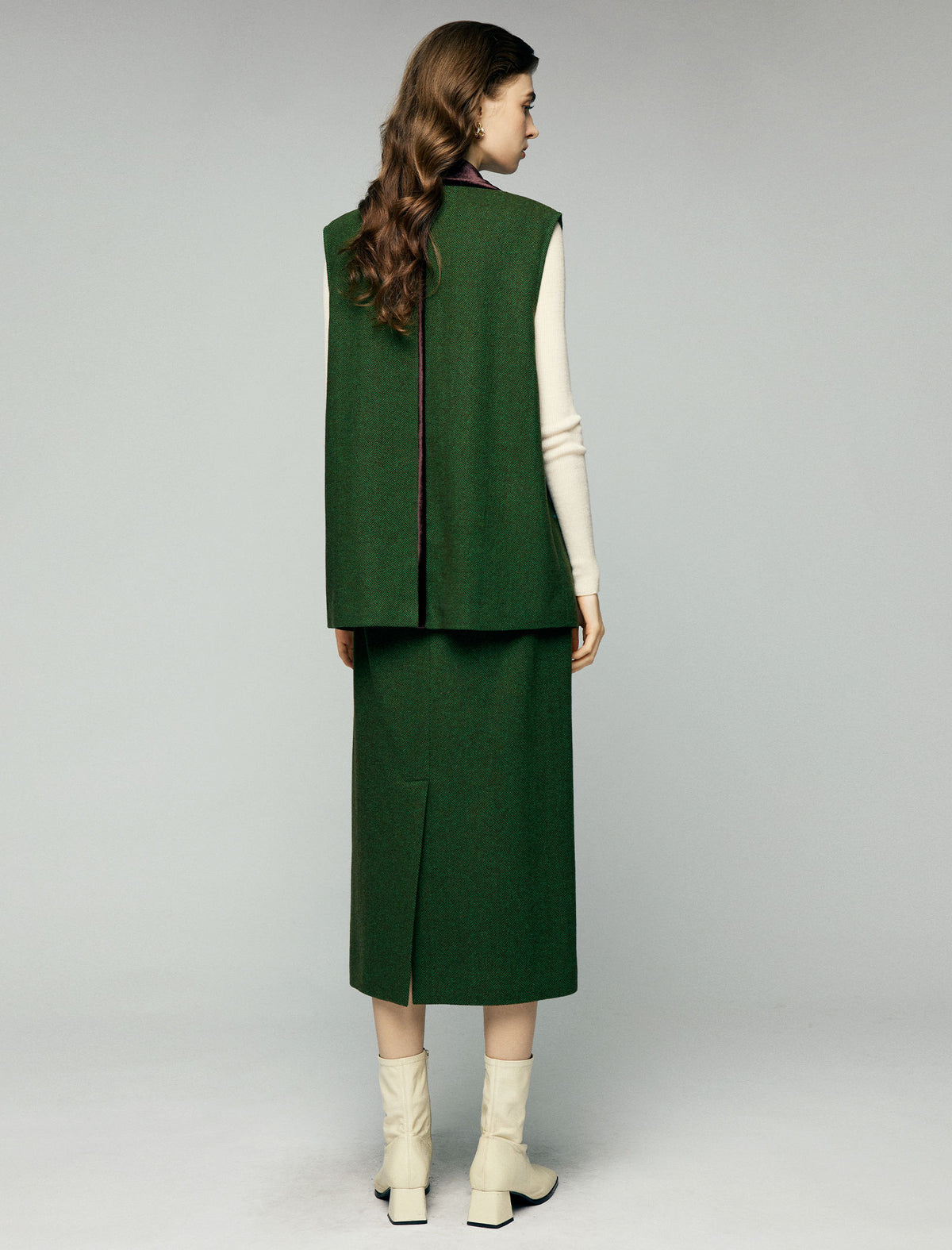Wool Blend Contrast-Trim Notched-Lapel Button-Front Long Vest