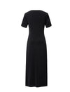 Shiny Black V-Neck Twist Detail Midi Dress