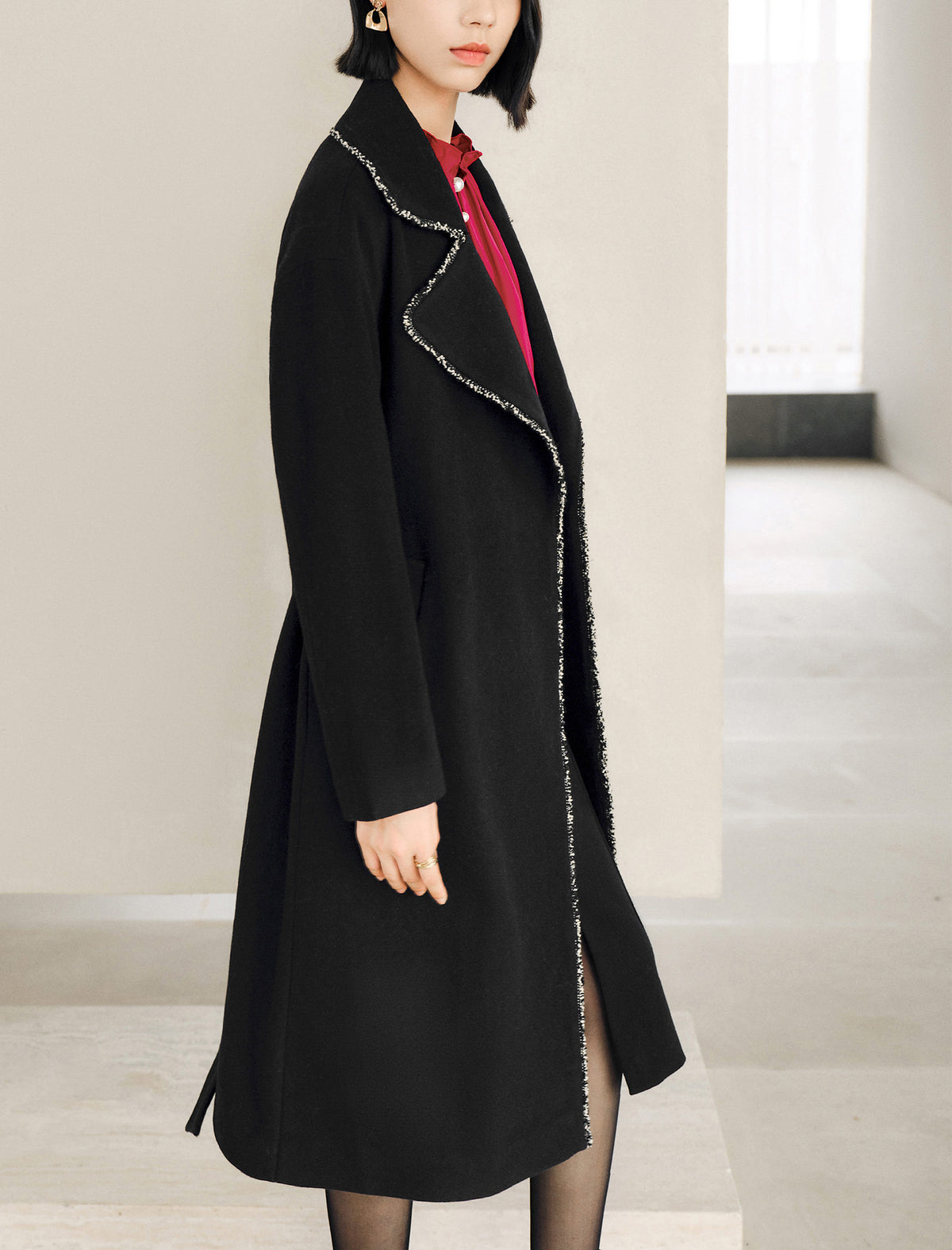 Wool Blend Contrast-Stitch Long Coat