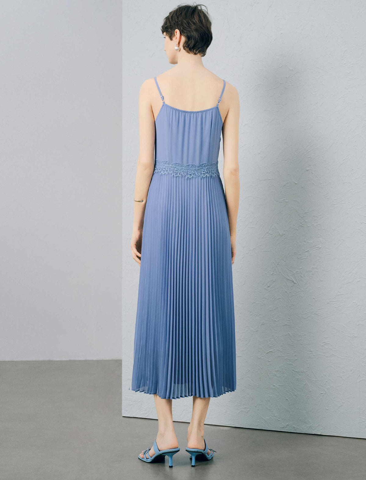 Light Blue Lace-Trimmed Pleated Cami Midi Dress