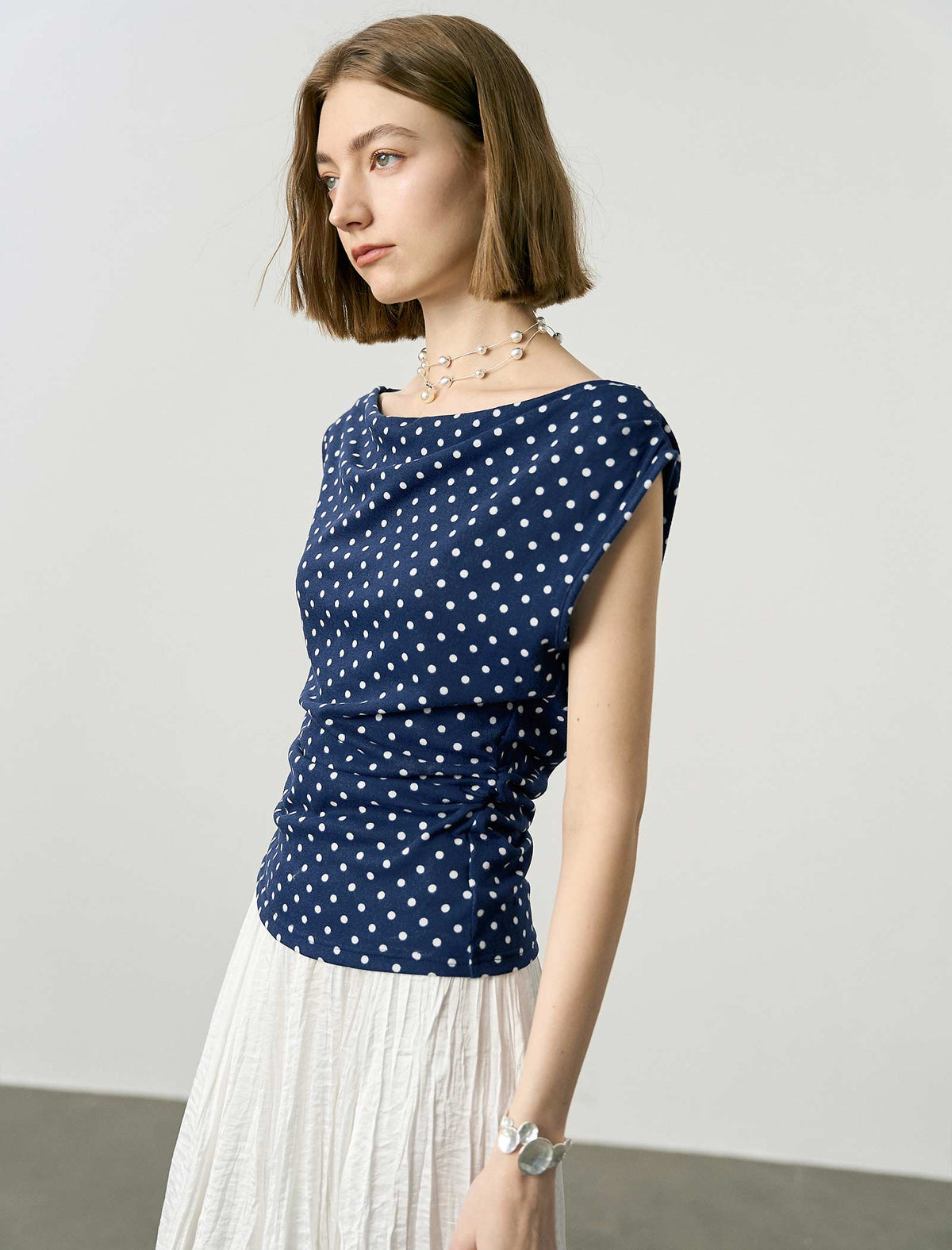 Navy Blue Polka Dot Cowl Neck Knit Top