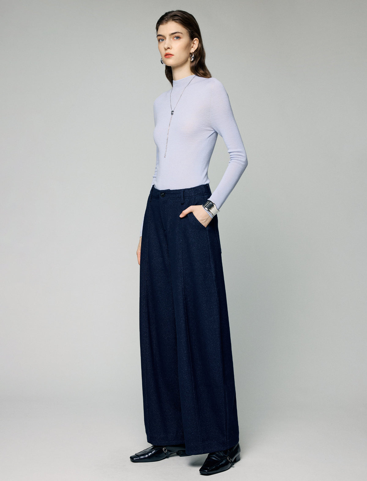 Wool Blend High-Waist Crease-Front Wide-Leg Pants