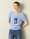 Notched V-Neck Graphic Knit Short Sleeve Top