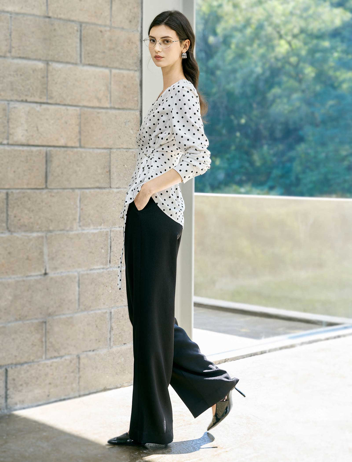 Polka Dot Tencel Linen Belted Blouse