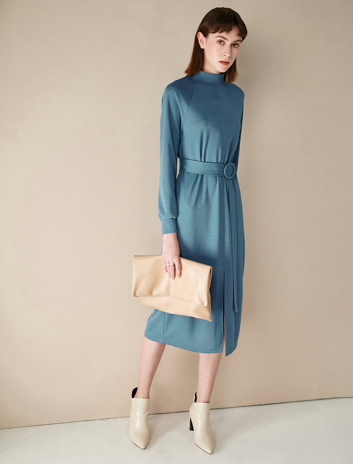 Knit Turtleneck Long Sleeve Belted Dress