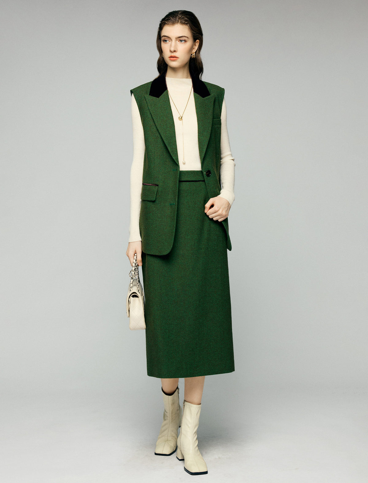 Wool Blend Contrast-Pocket High-Waist Slit Straight Midi Skirt