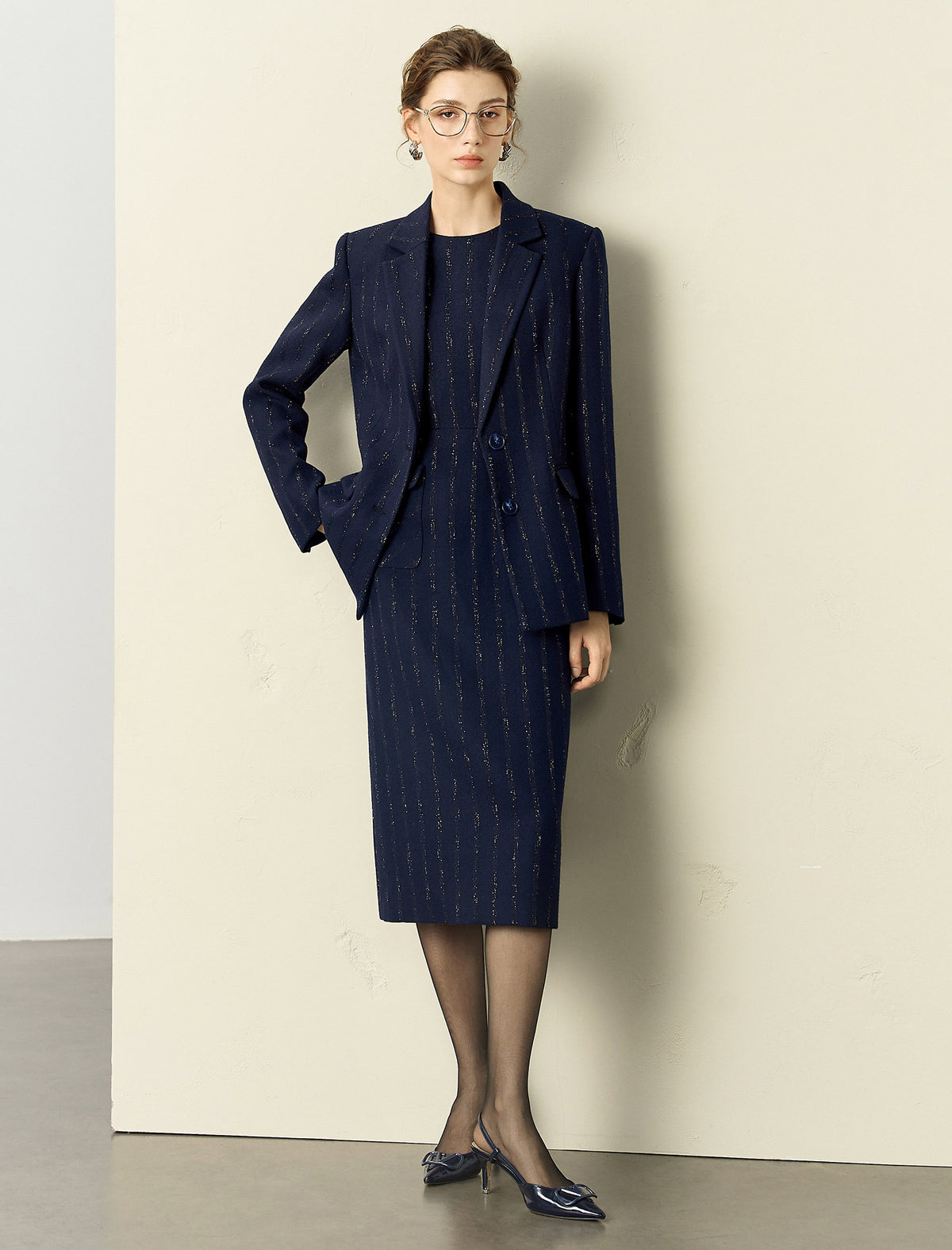 Wool Blend Navy Blue Metallic Striped Blazer