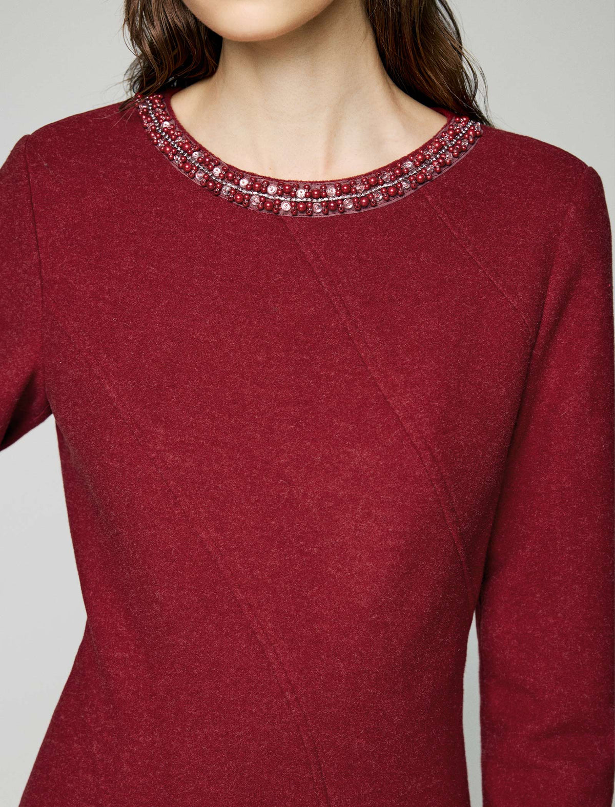 Wool Blend Beaded Crewneck Long Sleeve A-Line Midi Dress