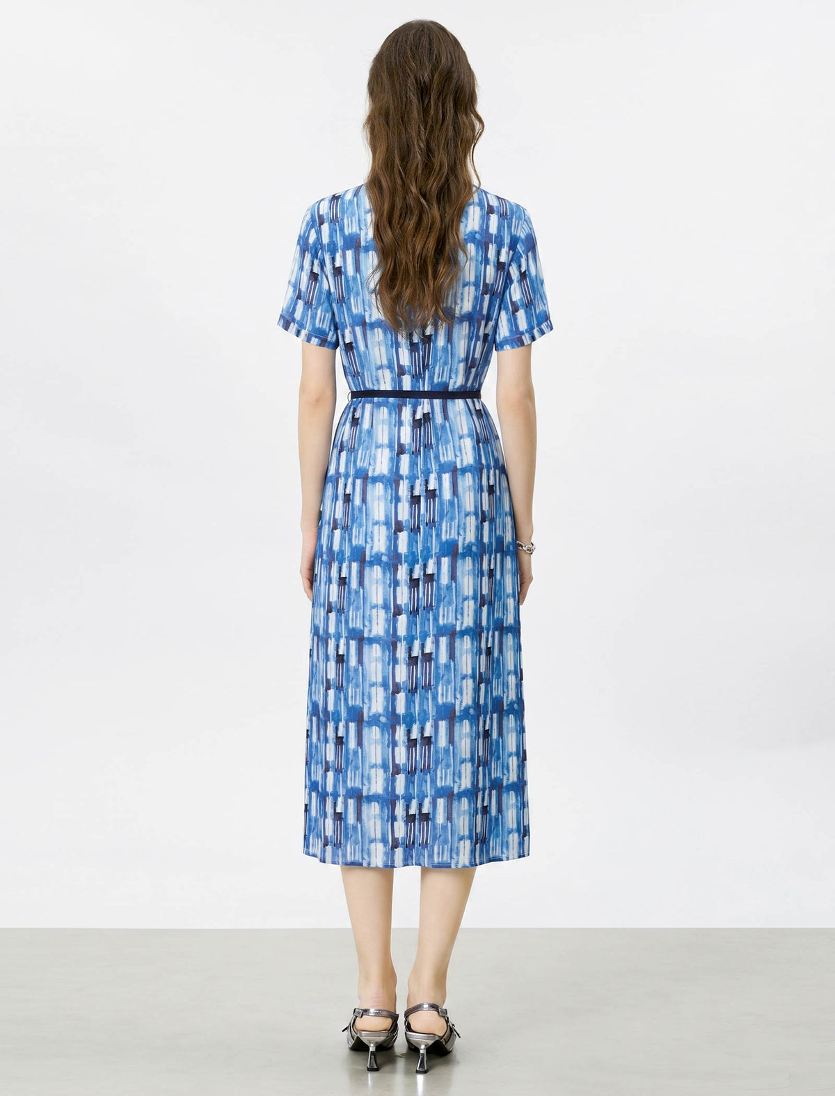 Mulberry Silk Watercolor Geometric Print Short Sleeve Tie Waist Midi Dress