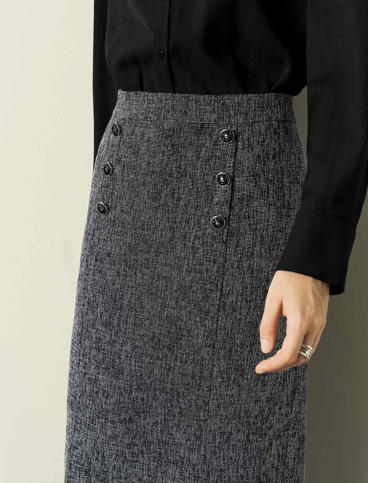 Textured Side-Slit H-Line Midi Skirt