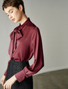 Satin Bow‑Tie Stand‑Collar Long‑Sleeve Blouse