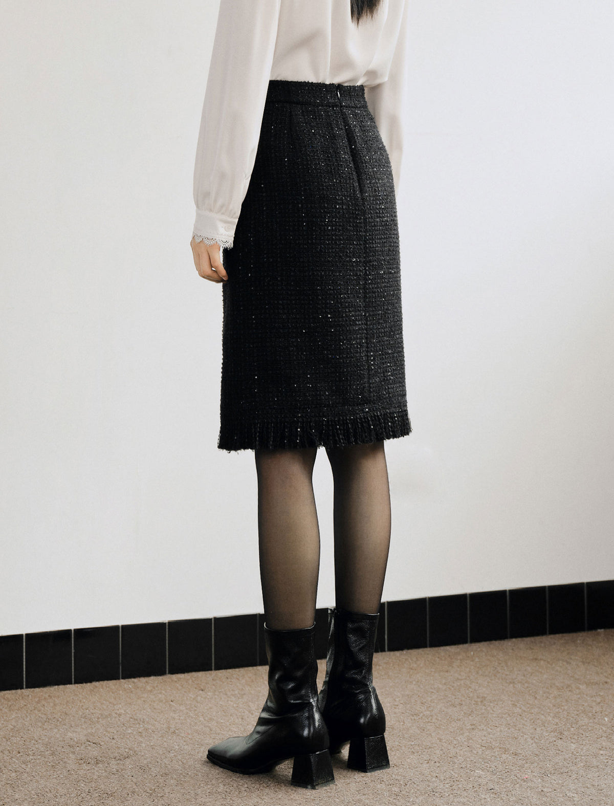 Wool Blend Tweed Midi Pencil Skirt
