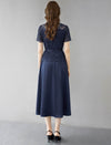 Navy Lace Mock Two-Piece Belted Midi Dress