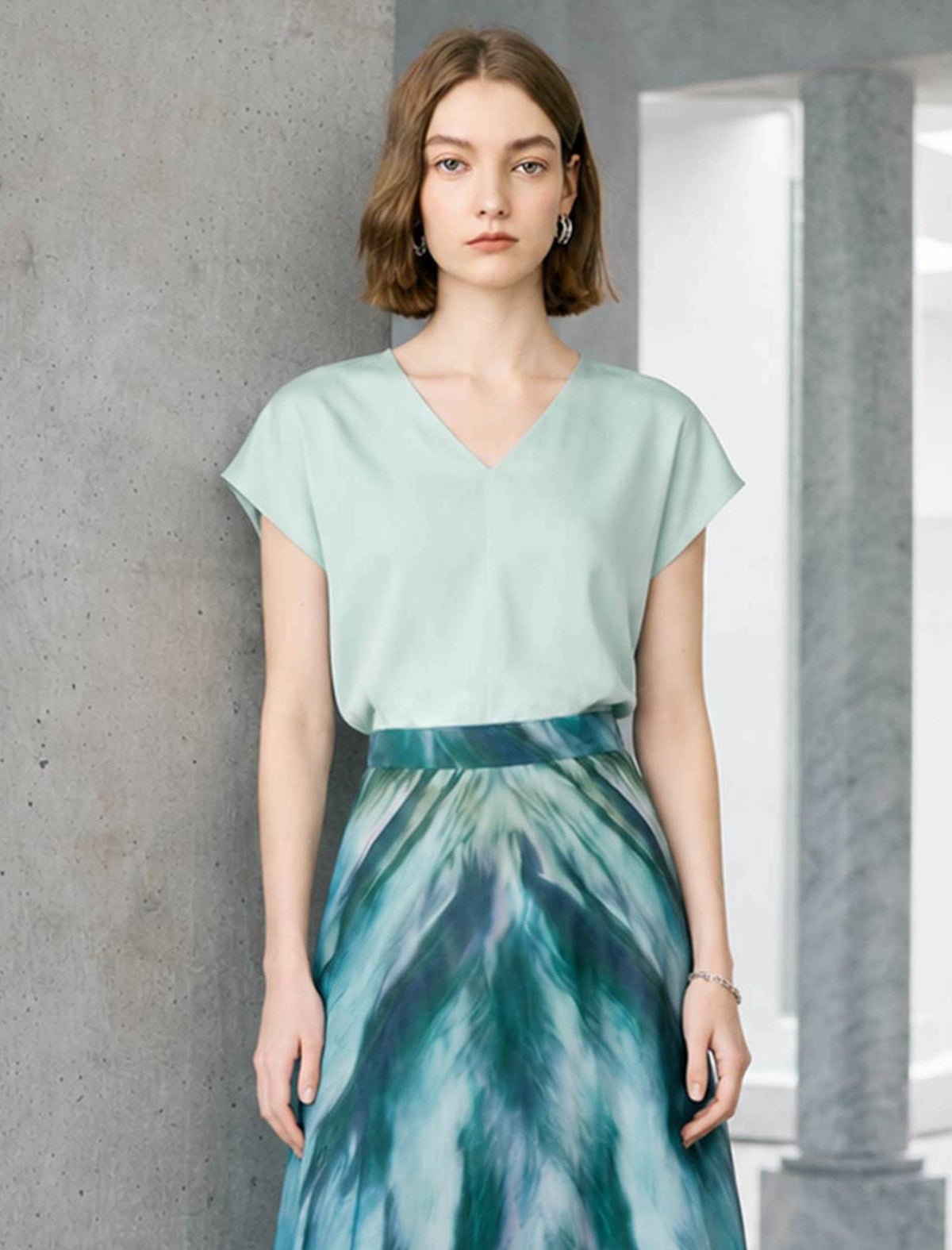 Mint Green V-Neck Cap Sleeve Blouse
