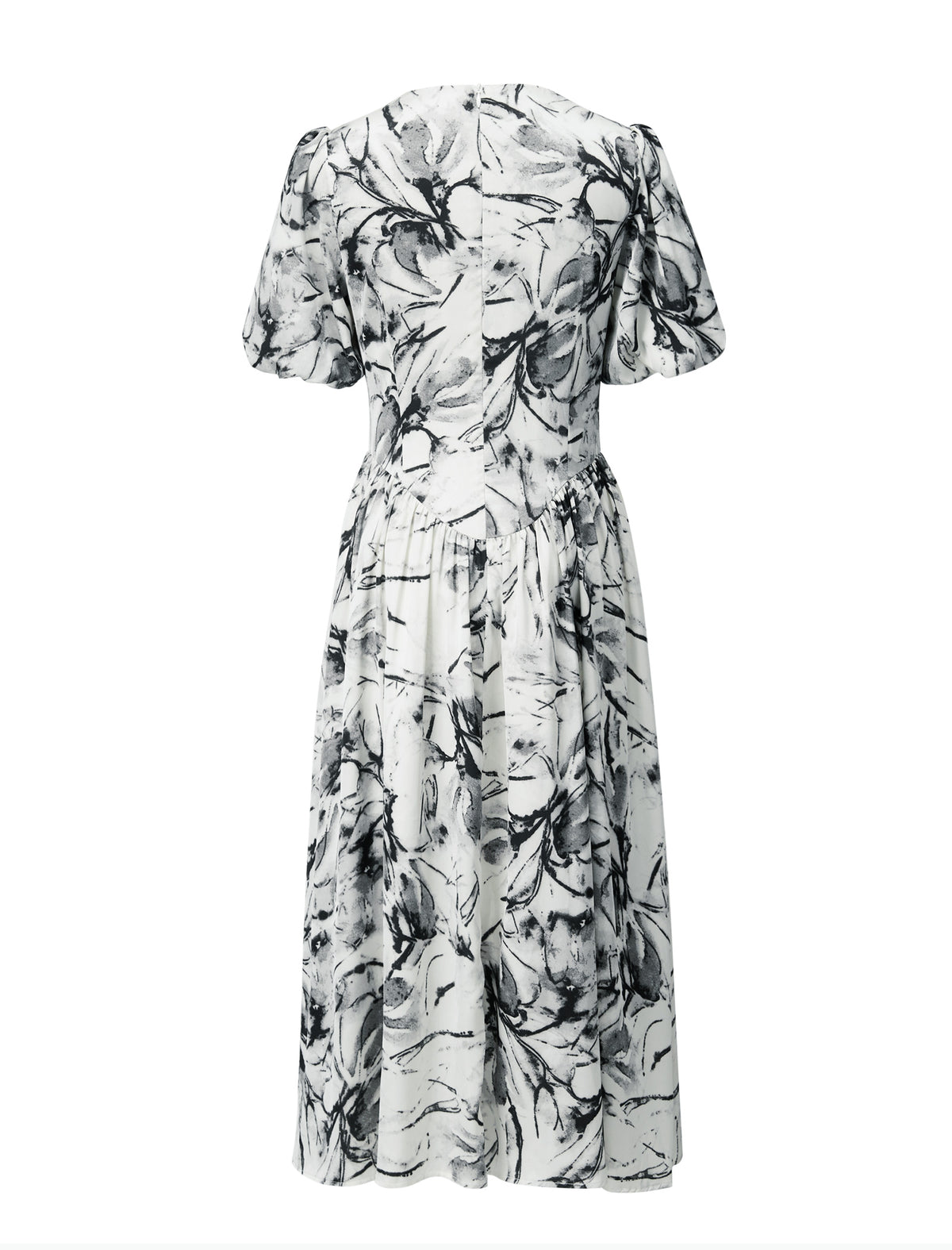 Watercolor Floral Puff Sleeve Midi Dress