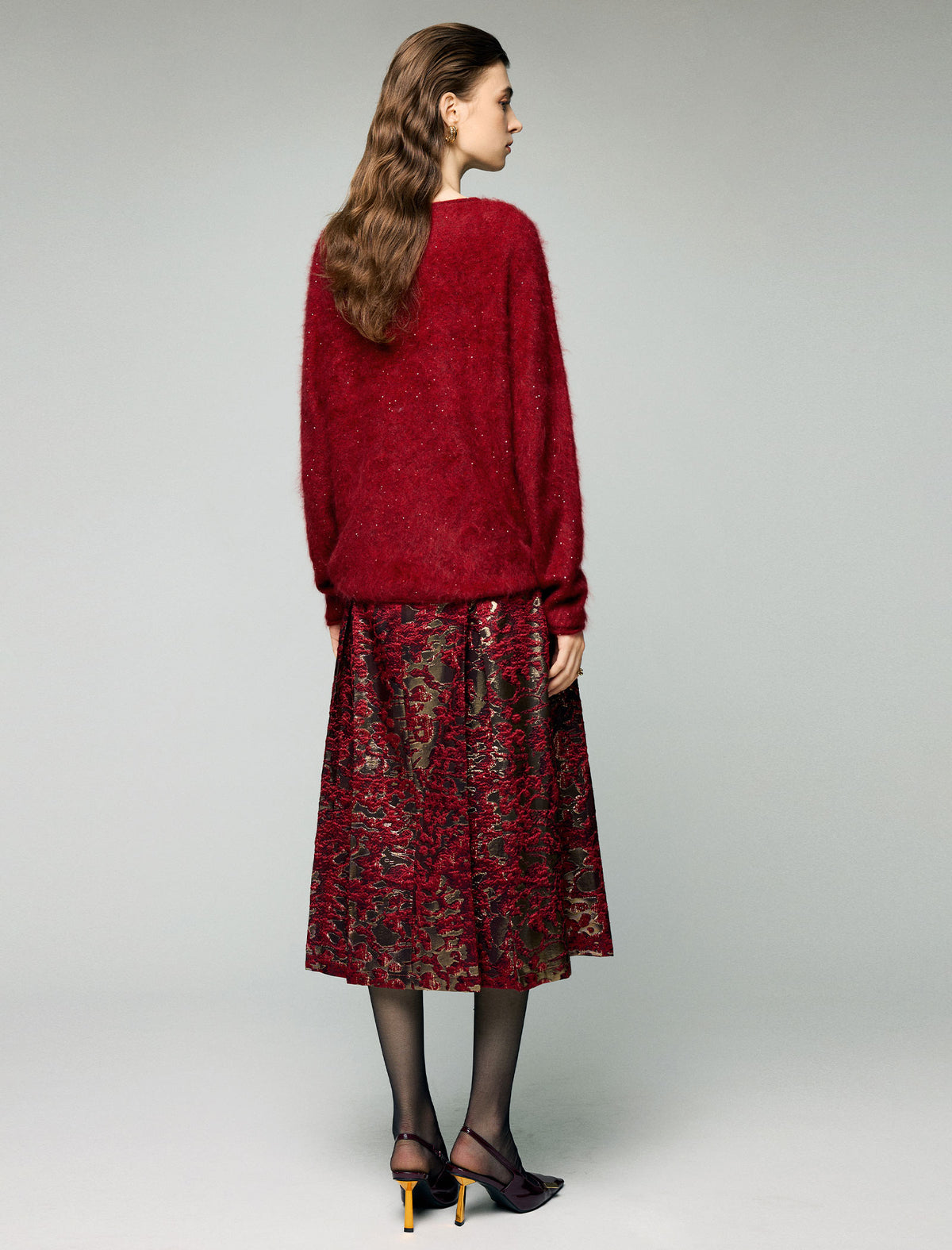 Wool and Mulberry Silk Blend Sequin Crewneck Relaxed Sweater