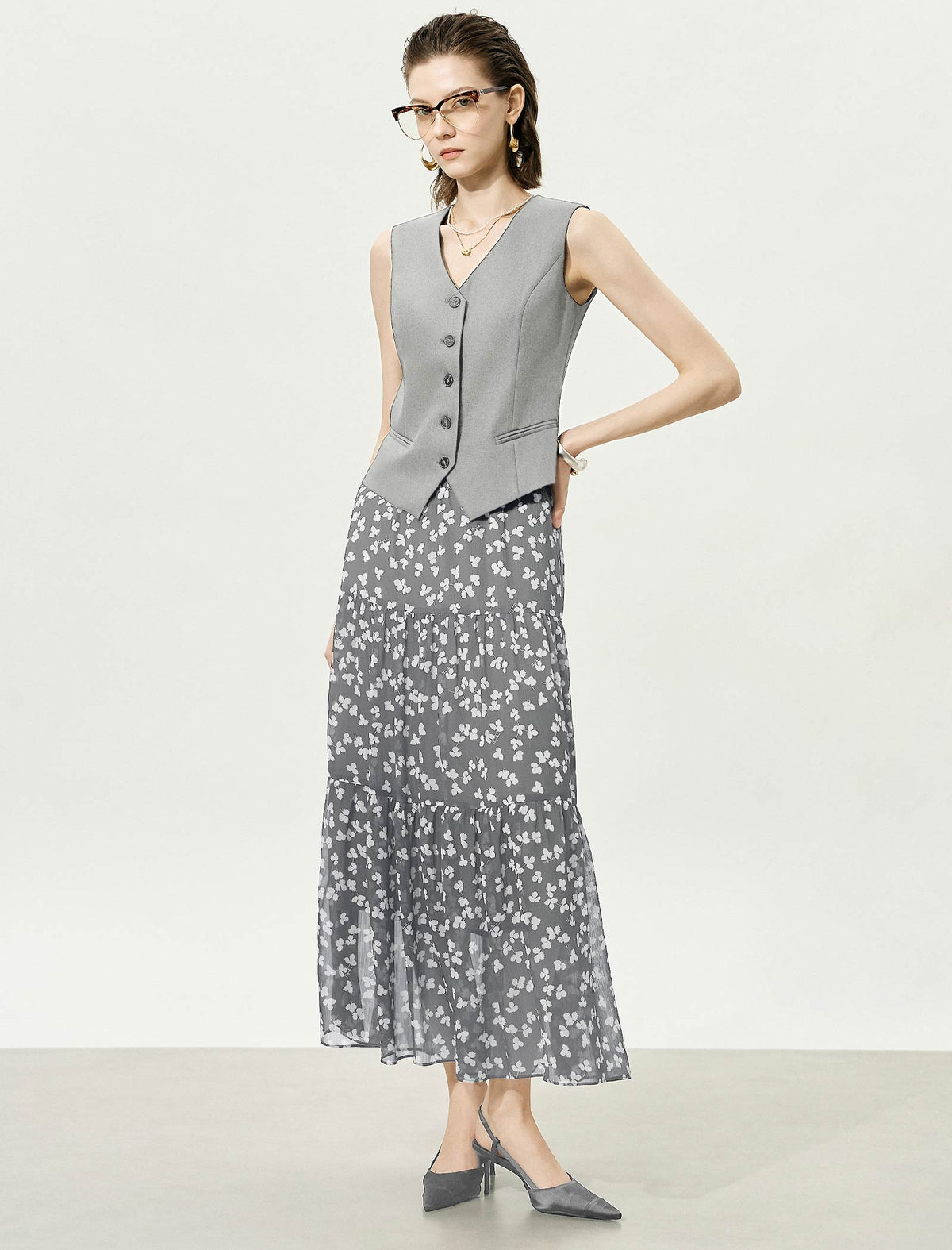 Floral Multi-Layered Midi Skirt