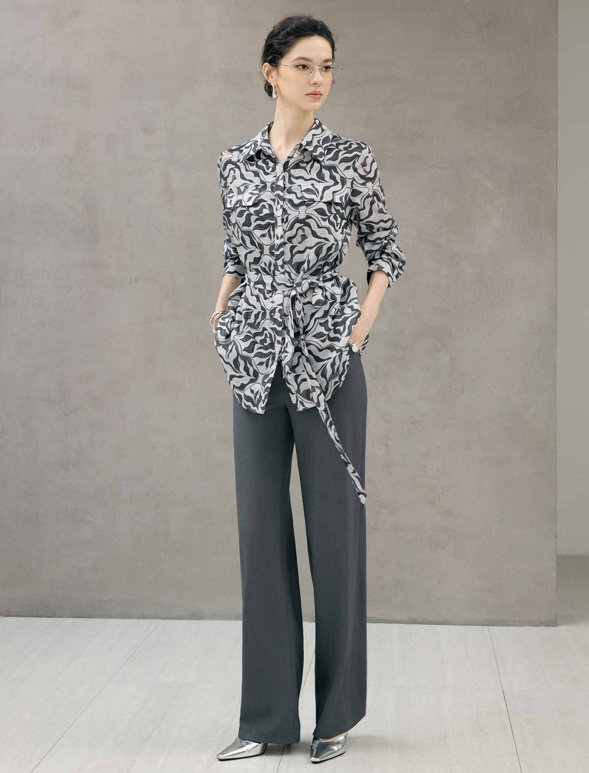 Abstract Floral Print Belted Long Sleeve Blouse