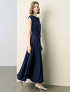 Navy Blue Asymmetric Neck Ruched Knit Top