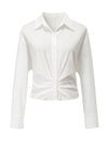 White Polo Collar Cropped Shirt Blouse